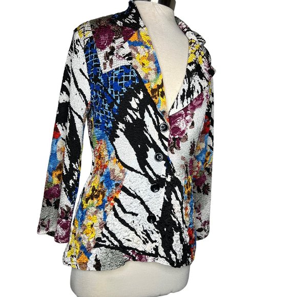 Alberto Malaki blouse size medium colorful long sleeve collar crinkle stretch ab - Picture 8 of 13